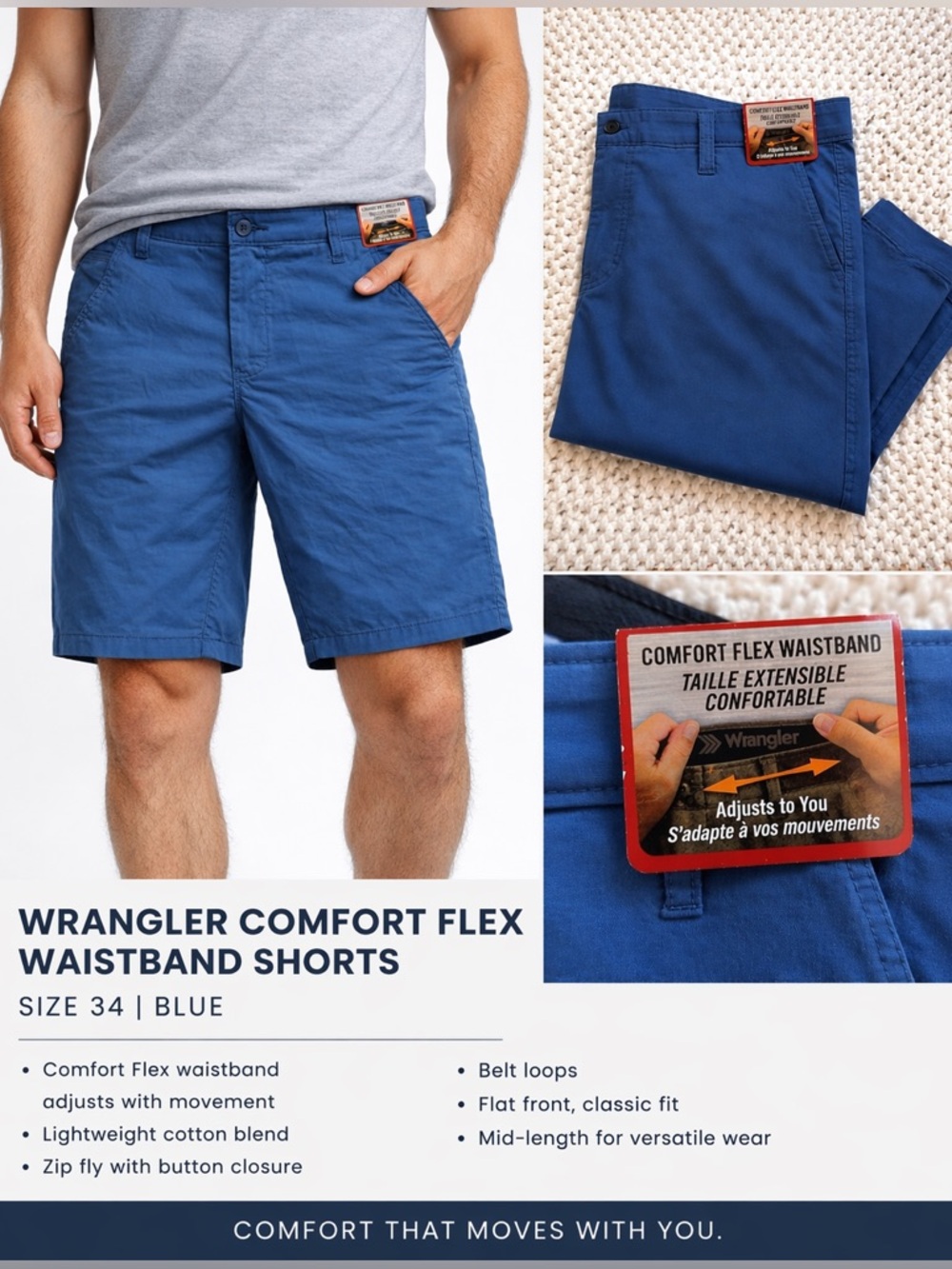 Wrangler Comfort Flex Waistband Shorts Sz 34 | Blue | NWT | Stretch Casual Chino